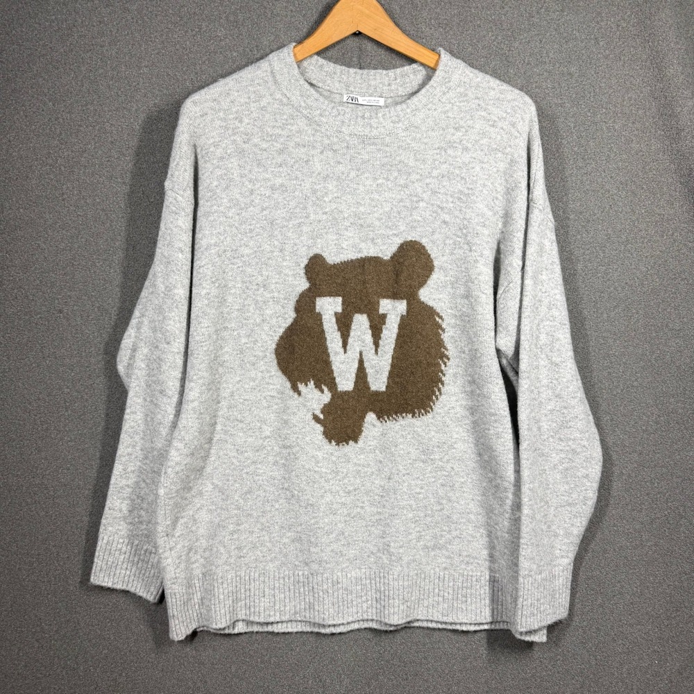 Zara Mens Gray Wool Blend Bear Graphic W Intarsia Knit Sweater Large